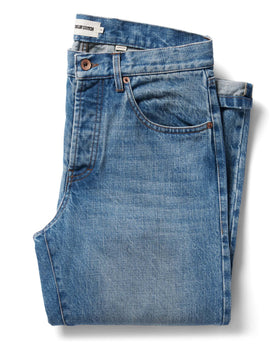 flatlay of The Democratic Jean in Fletcher Wash Organic Selvage folded, Bottoms by Taylor Stitch