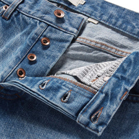 material shot of the button fly on The Democratic Jean in Fletcher Wash Organic Selvage