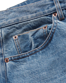 material shot of the selvage pocket on The Democratic Jean in Fletcher Wash Organic Selvage, Bottoms by Taylor Stitch
