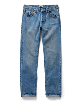 flatlay of The Democratic Jean in Fletcher Wash Organic Selvage, Bottoms by Taylor Stitch