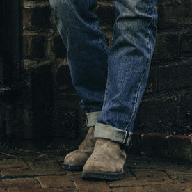 fit model showing off selvage cuffs on The Democratic Jean in Sawyer Wash Organic Selvage