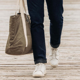 fit model walking in The Demcratic Jean in Wallace Wash Organic Selvage