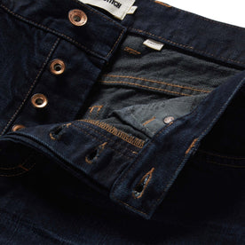 material shot of the button fly on The Demcratic Jean in Wallace Wash Organic Selvage