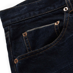 material shot of the selvage pocket on The Demcratic Jean in Wallace Wash Organic Selvage