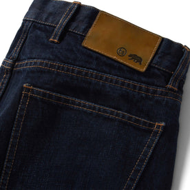 material shot of the patch logo on The Demcratic Jean in Wallace Wash Organic Selvage