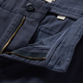 material shot of zipper and button fly on The Democratic Foundation Pant in Organic Marine