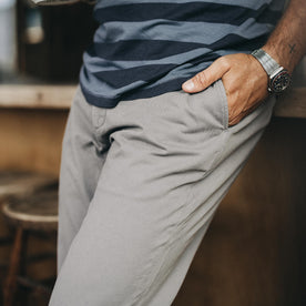 fit model showing the detail on The Democratic Foundation Pant in Organic Steeple Grey
