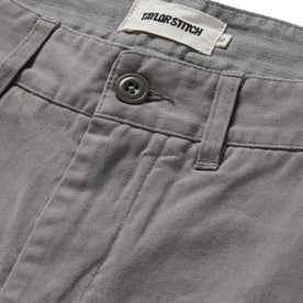 material shot of button fly on The Democratic Foundation Pant in Organic Steeple Grey