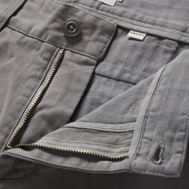 material shot of zipper fly on The Democratic Foundation Pant in Organic Steeple Grey