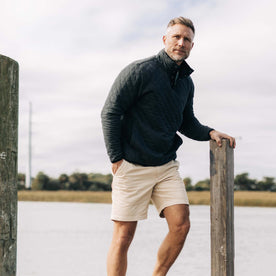 fit model wearing The Fall Line Pullover in Coal Heather