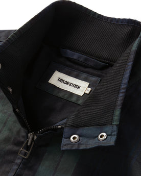 material shot of the snap closure collar on The Flint Jacket in Blackwatch Dry Wax, Outerwear by Taylor Stitch