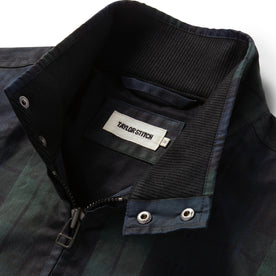 material shot of the snap closure collar on The Flint Jacket in Blackwatch Dry Wax