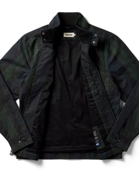 flatlay of The Flint Jacket in Blackwatch Dry Wax, shown unzipped, Outerwear by Taylor Stitch