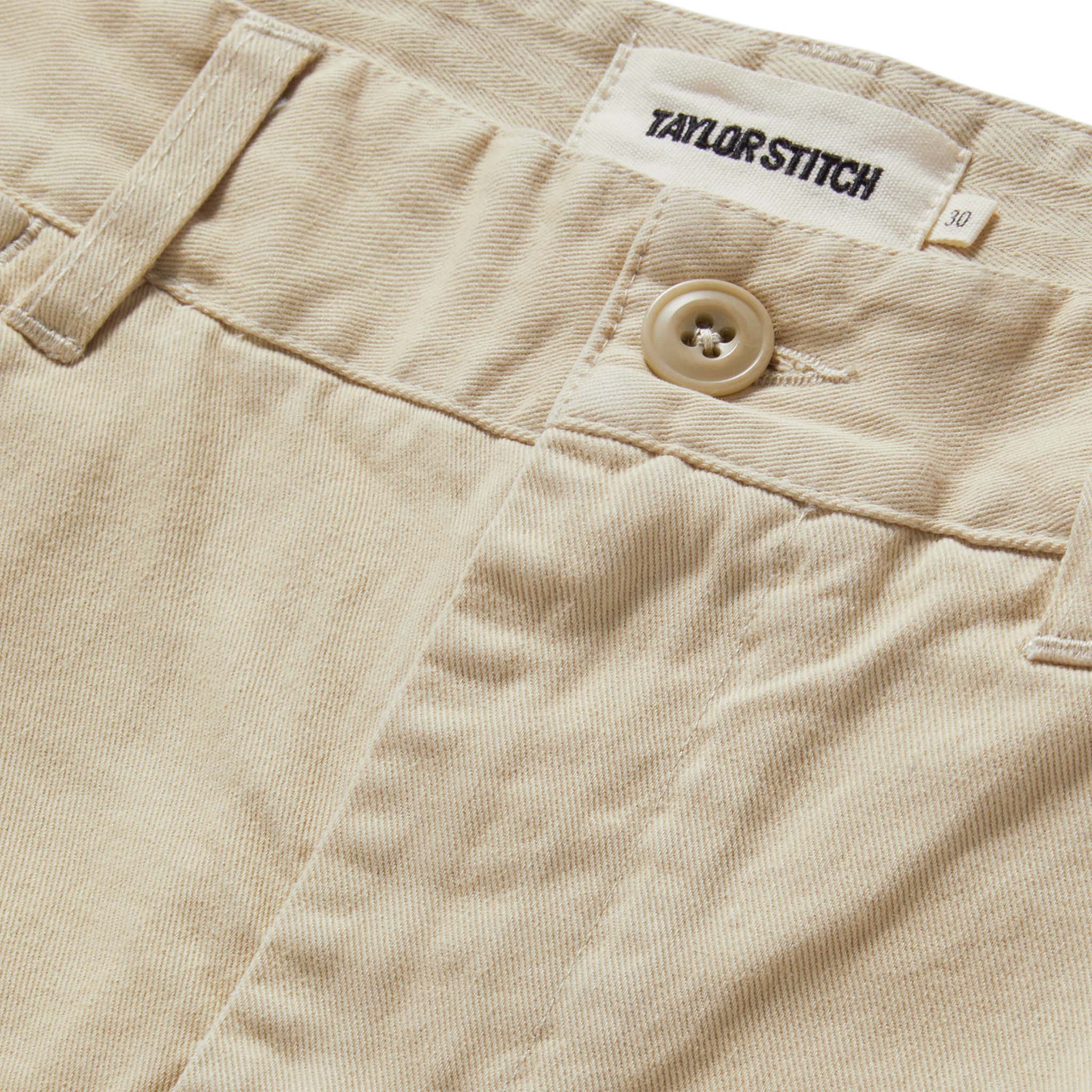 material shot of the button fly on The Foundation Short in Organic Dune, Bottoms by Taylor Stitch