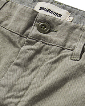 material shot of the button fly on The Foundation Short in Organic Sagebrush, Bottoms by Taylor Stitch