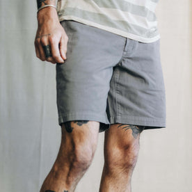 fit model wearing The Foundation Short in Organic Steeple Grey
