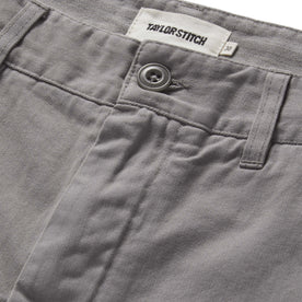 material shot of the button fly on The Foundation Short in Organic Steeple Grey