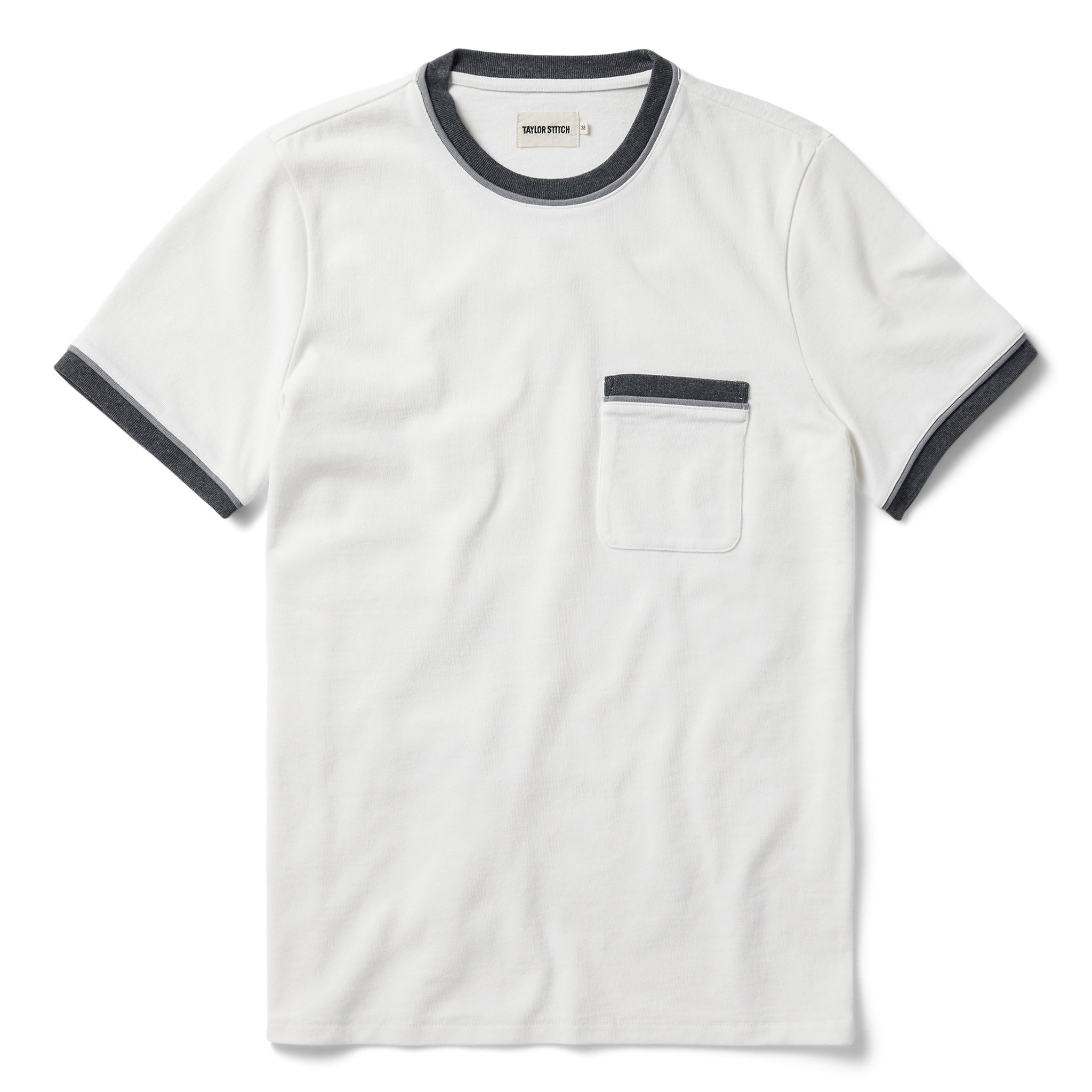 flatlay of The Heavy Bag Ringer Tee in Natural and Navy, Knits by Taylor Stitch