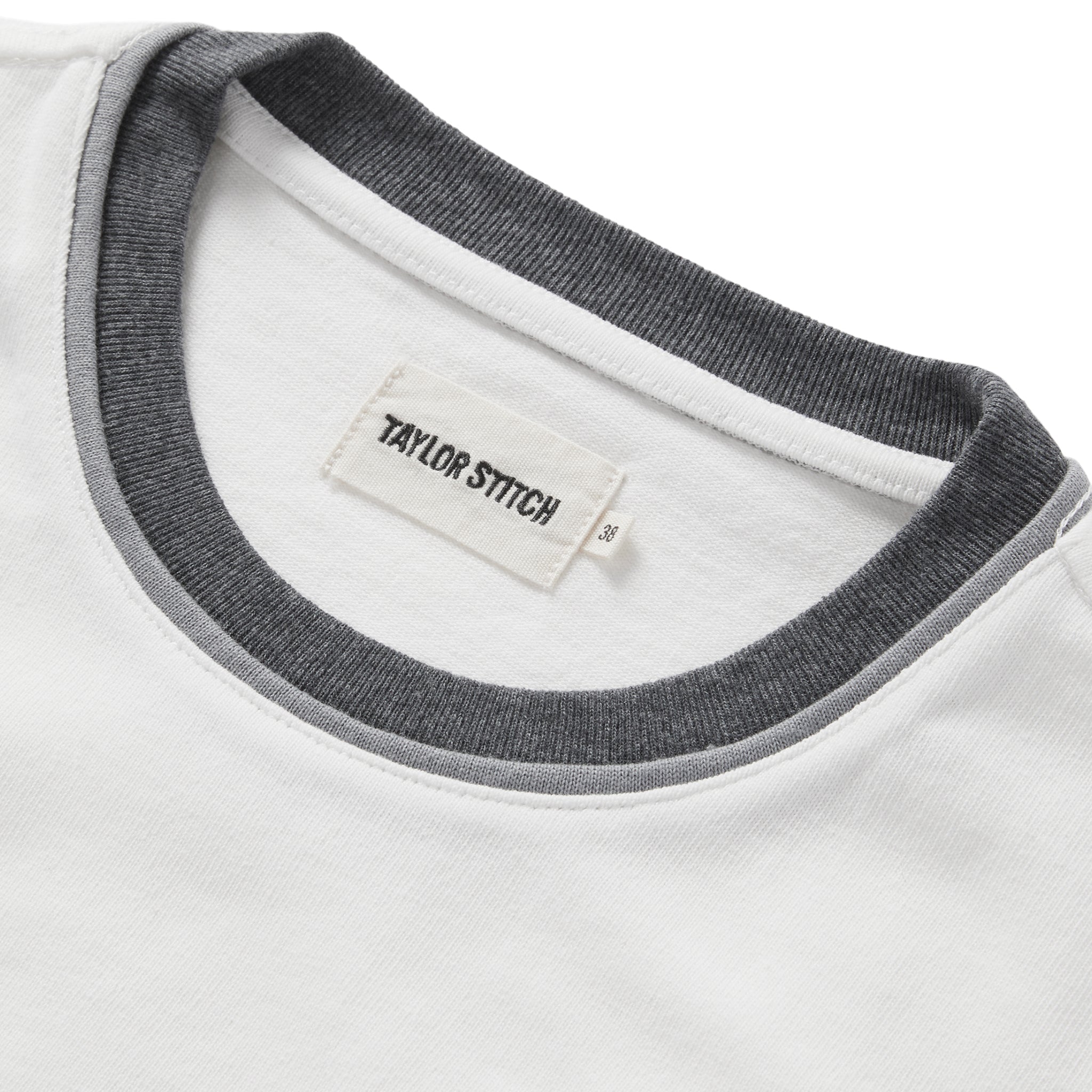 material shot of the collar on The Heavy Bag Ringer Tee in Natural and Navy, Knits by Taylor Stitch