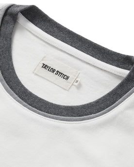 material shot of the collar on The Heavy Bag Ringer Tee in Natural and Navy, Knits by Taylor Stitch