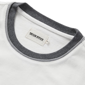 material shot of the collar on The Heavy Bag Ringer Tee in Natural and Navy