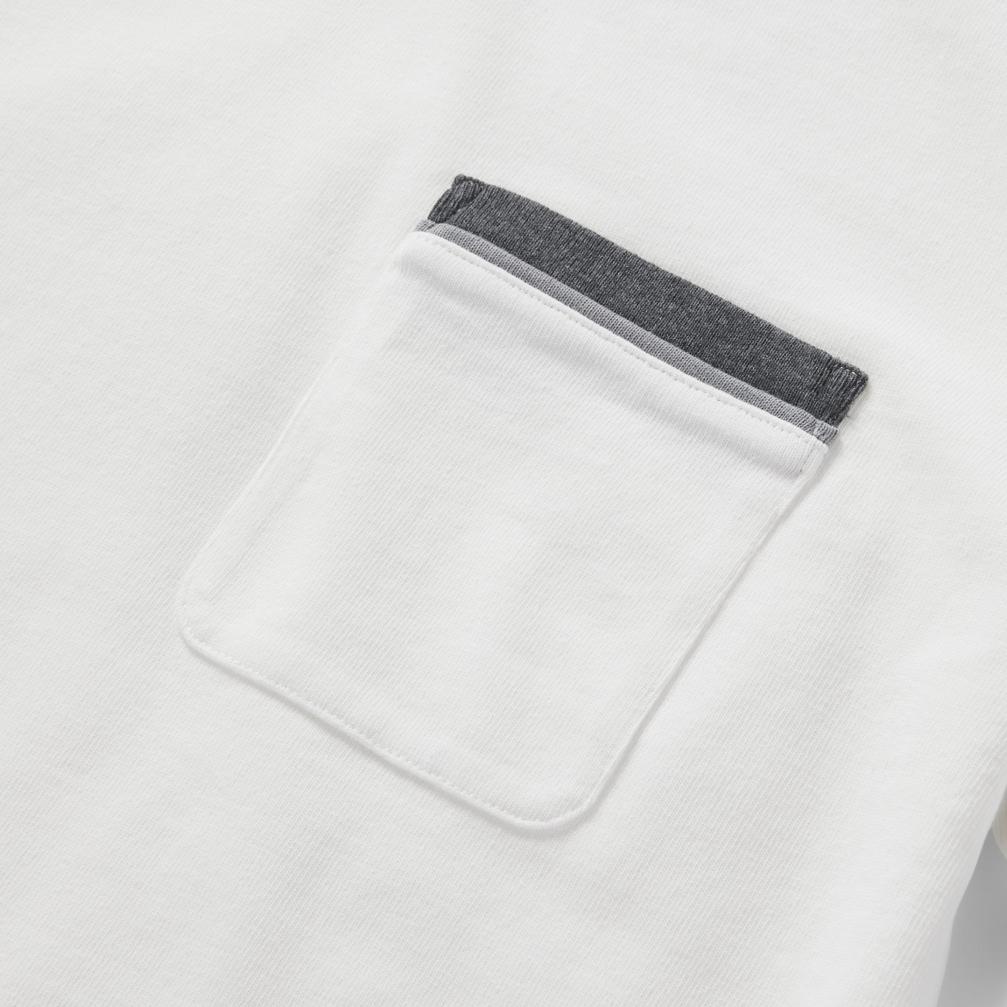 material shot of the pocket on The Heavy Bag Ringer Tee in Natural and Navy, Knits by Taylor Stitch