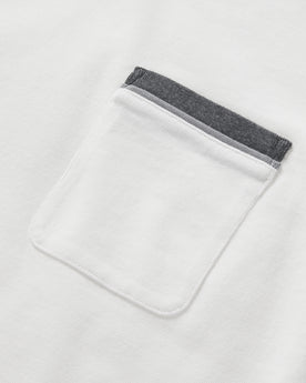 material shot of the pocket on The Heavy Bag Ringer Tee in Natural and Navy, Knits by Taylor Stitch