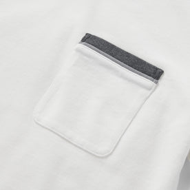 material shot of the pocket on The Heavy Bag Ringer Tee in Natural and Navy