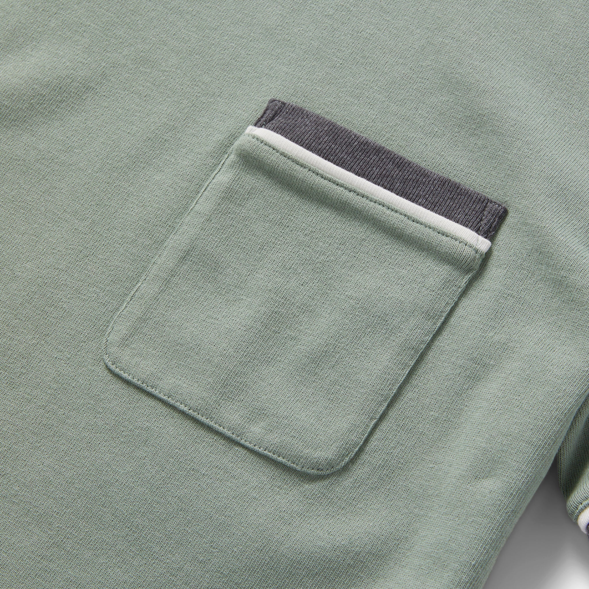 material shot of the chest pocket on The Heavy Bag Ringer Tee in Slate and Seed, Knits by Taylor Stitch