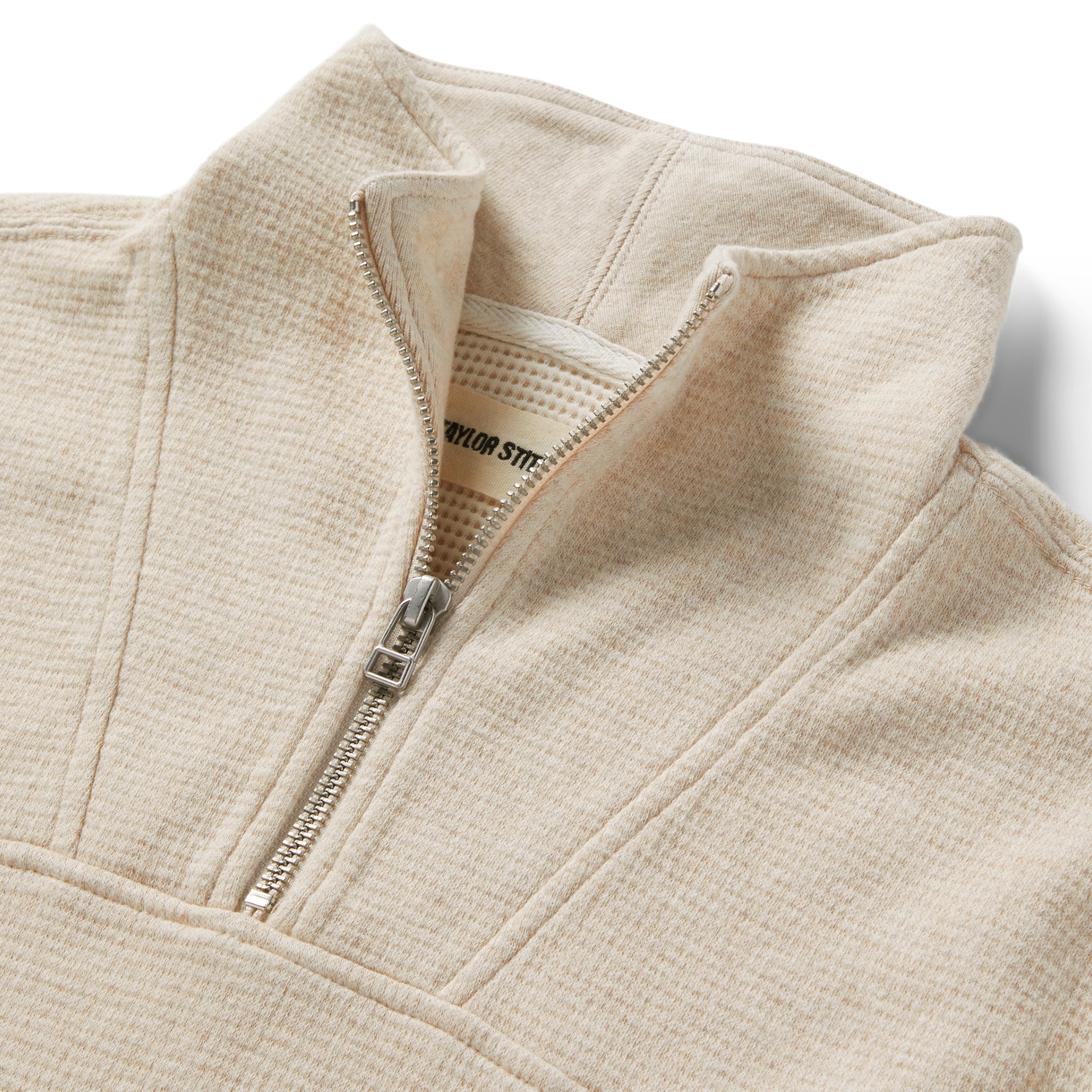 material shot of the collar on The Horizon Pullover in Oat Heather, Knits by Taylor Stitch