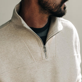 fit model showing off collar on The Horizon Pullover in Oat Heather
