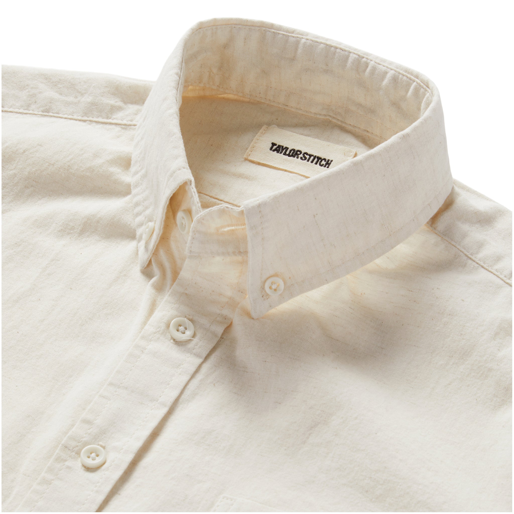 material shot of the collar on The Jack in Heathered Oat, Wovens by Taylor Stitch