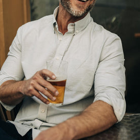 fit model drinking a beer in The Jack in Rainwater Micro Seersucker