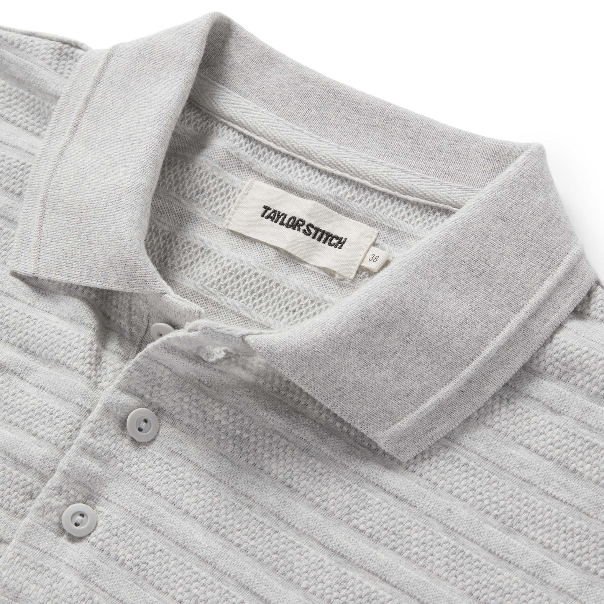 material shot of the collar on The Jacquard Polo in Ash Heather, Knits by Taylor Stitch