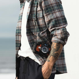fit model showing the side of The Ledge Shirt in Coastline Plaid