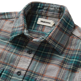 material shot of the collar on The Ledge Shirt in Coastline Plaid