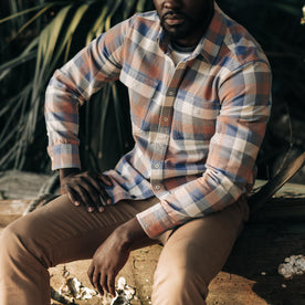 fit model sitting in The Ledge Shirt in Dusk Check