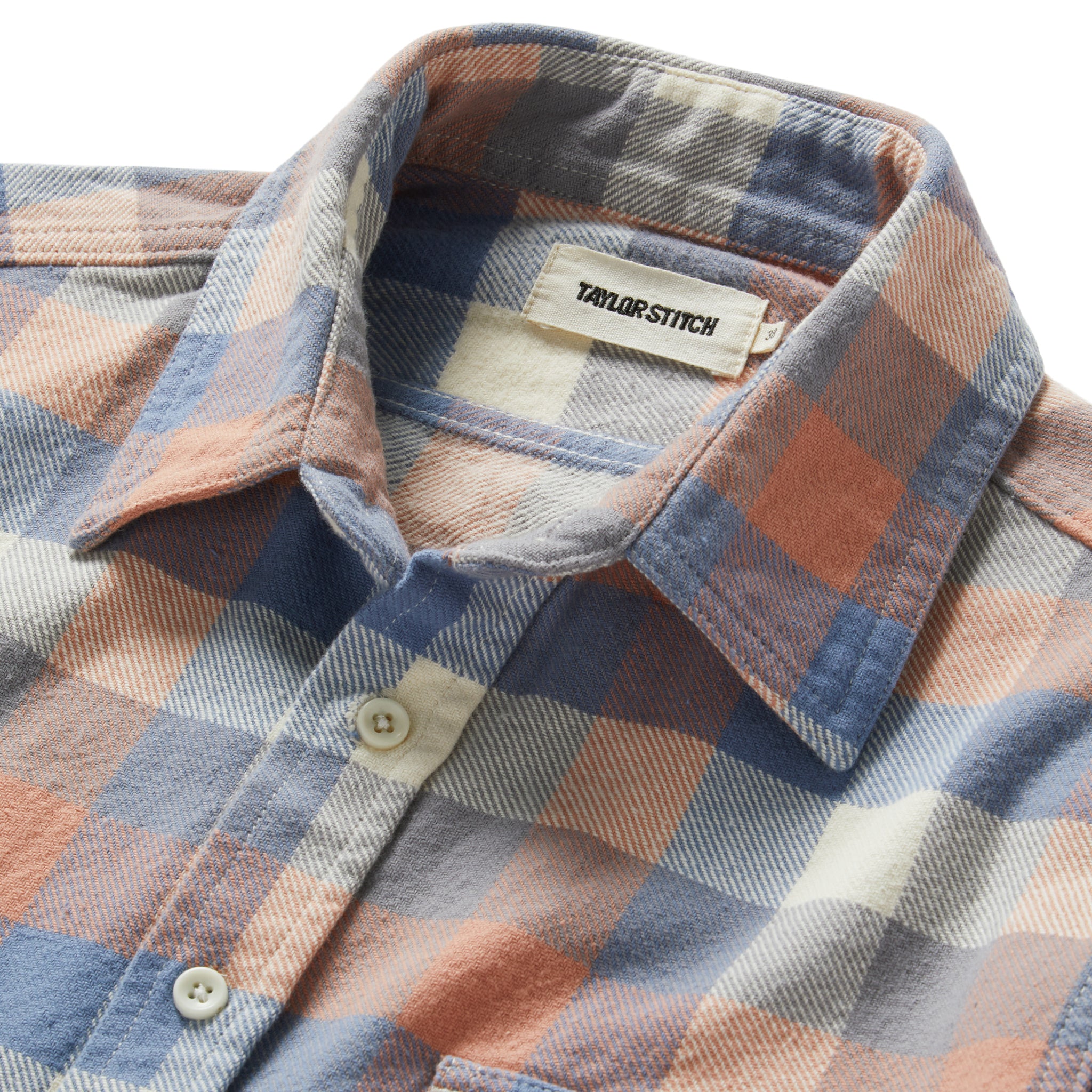 material shot of the collar on The Ledge Shirt in Dusk Check, Wovens by Taylor Stitch