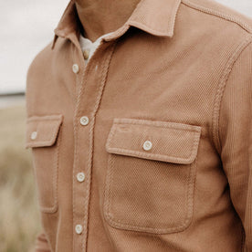 fit model showing the front buttons on The Ledge Shirt in Dusty Coral Twill