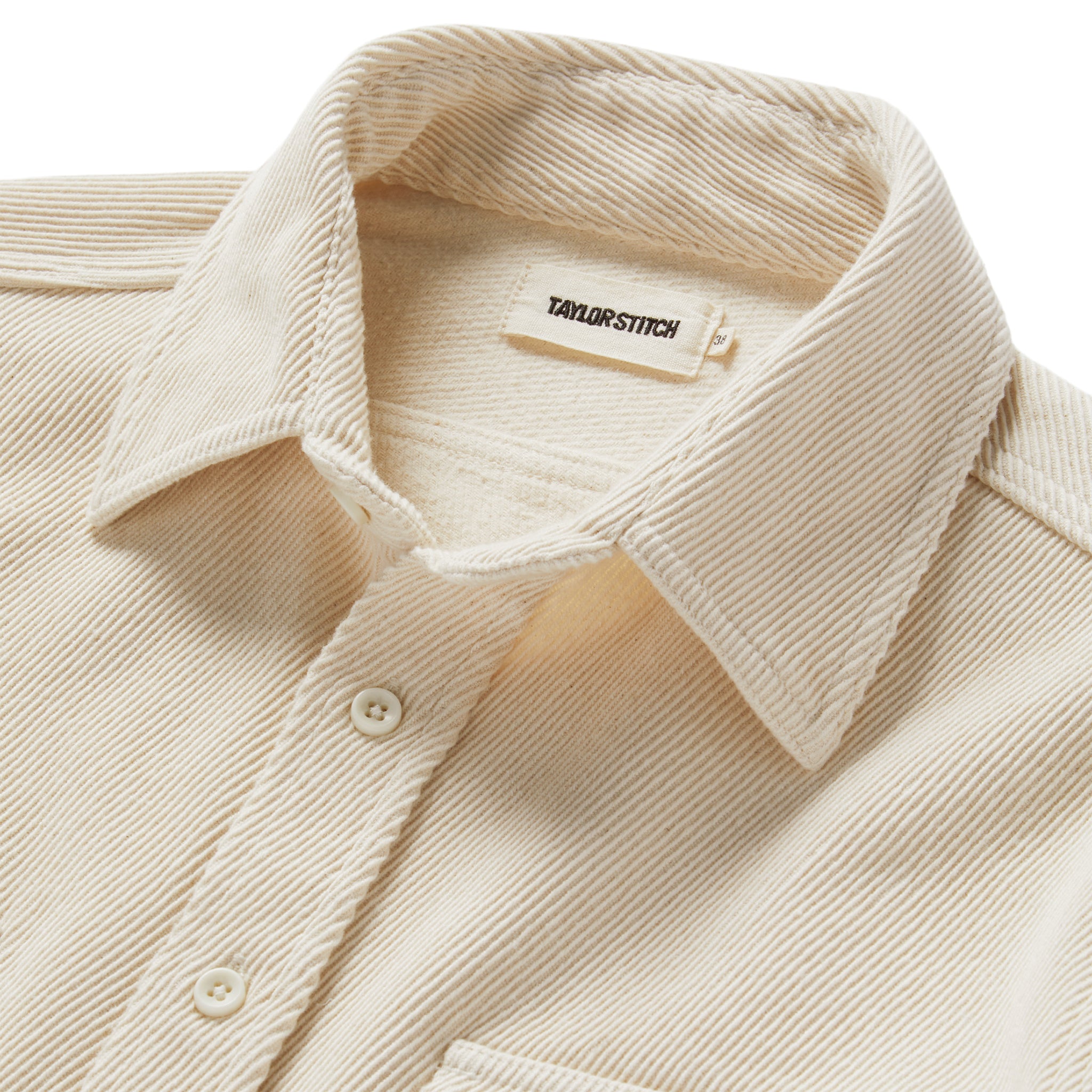 material shot of the collar on The Ledge Shirt in Natural Twill, Wovens by Taylor Stitch