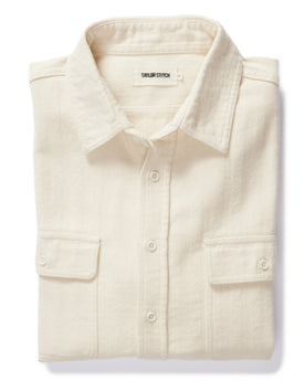 flatlay of The Ledge Shirt in Oyster Herringbone, Wovens by Taylor Stitch