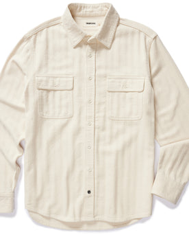 flatlay of The Ledge Shirt in Oyster Herringbone, shown in full, Wovens by Taylor Stitch