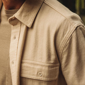 fit model showing the chest pocket on The Ledge Shirt in Oyster Herringbone