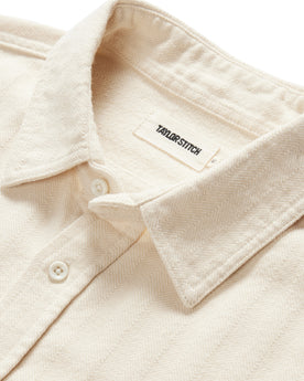 material shot of the collar on The Ledge Shirt in Oyster Herringbone, Wovens by Taylor Stitch