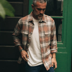 fit model in The Ledge Shirt in Sun Baked Brick Plaid