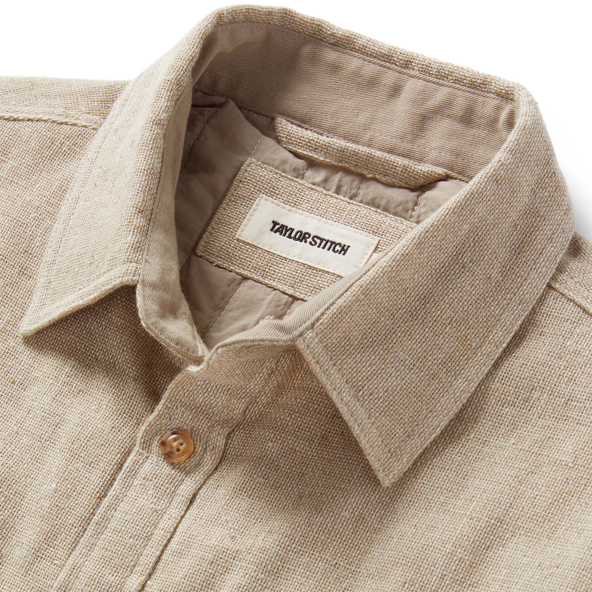 material shot of the collar on The Lined Utility Shirt in Oat Donegal, Outerwear by Taylor Stitch