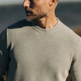 fit model showing off the top of The Moor Sweater in Slate