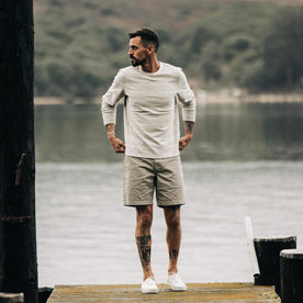 fit model standing in The Morgan Crewneck in Ash Stripe