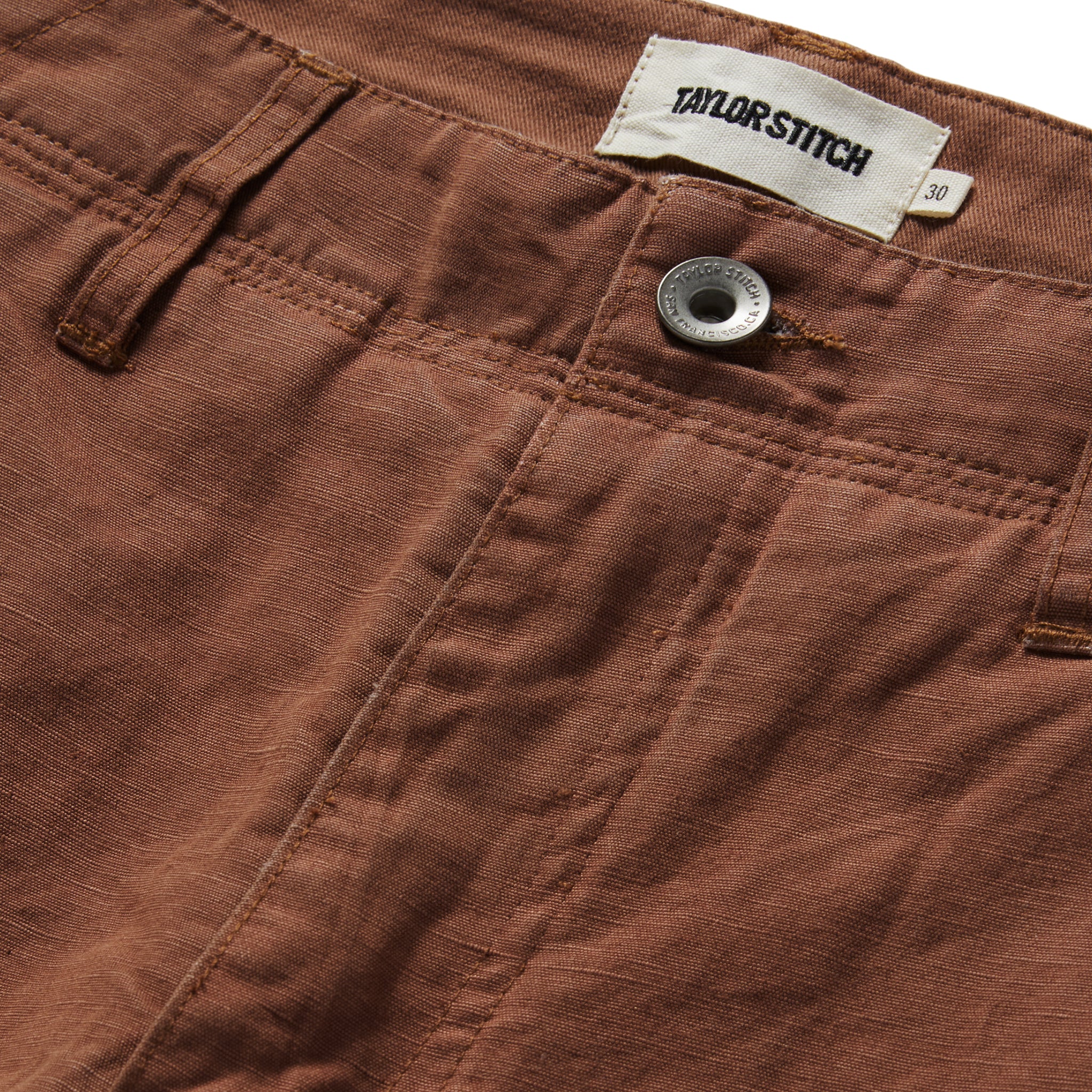 material shot of the button fly on The Morse Pant in Mahogany Slub, Bottoms by Taylor Stitch