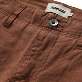 material shot of the button fly on The Morse Pant in Mahogany Slub